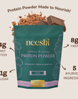 Neeshi protein powder packaging with nutritional information on a beige background
