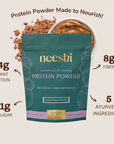 Neeshi protein powder packaging with nutritional information on a beige background