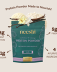 Neeshi protein powder package with vanilla flavor, plant protein, fiber, sugar, and ayurvedic ingredients information.
